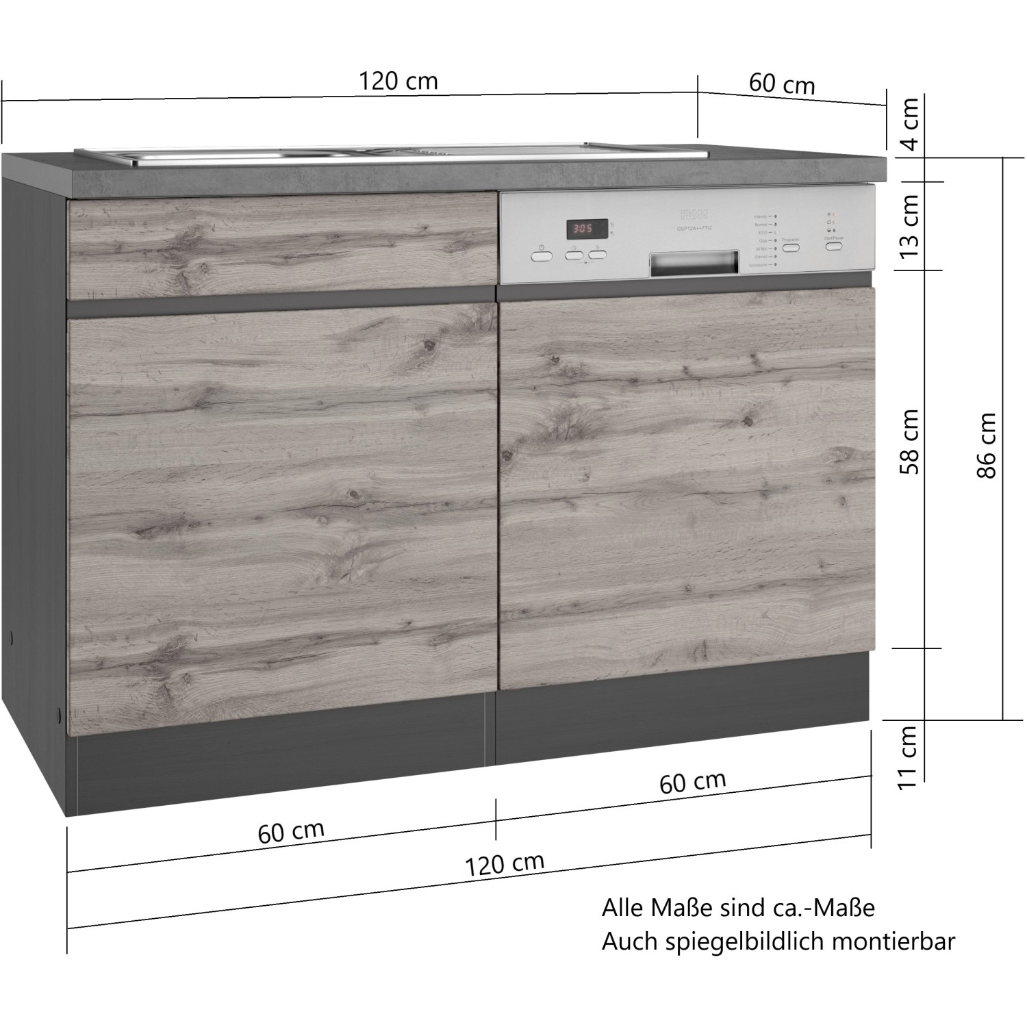 Held Möbel Spülenunterschrank Turin 120 cm, Wotaneiche/Graphit, mit Geschirrspülerblende.