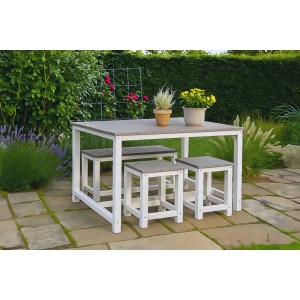 WONDERMAKE Accumbo3 Sitzgruppe: 4-teiliges Gartenmöbel-Set mit Tisch und Hockern in Grau-Weiß.
