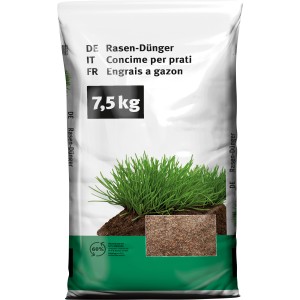 Verpackung Rasen-Dünger 7,5 kg: Spezialdünger für dichten, grünen Rasen.