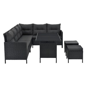 Schwarze Juskys Polyrattan Gartenmöbel Lounge Manacor mit dunkelgrauen Bezügen, bestehend aus Sofa, Tisch und Hockern.