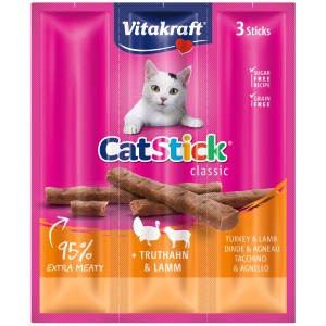Vitakraft Cat Stick Truthahn & Lamm, 3 Stück. Katzenleckerli ohne Zucker und Getreide.