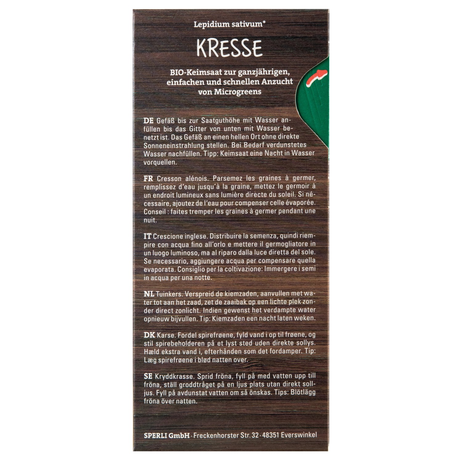 Sperli Bio Microgreen-Saat Kresse Packung mit Anzuchtanleitung.