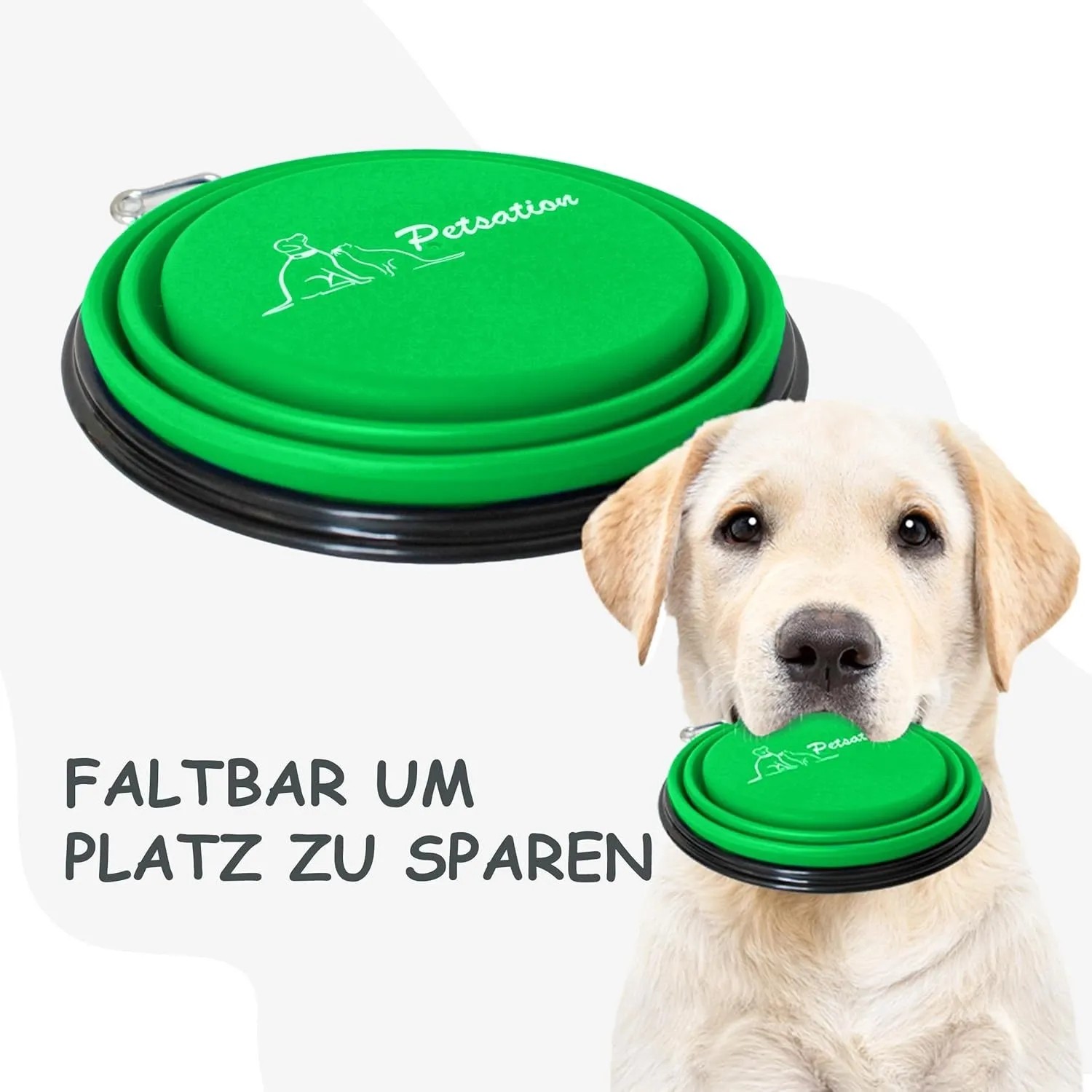Grüner, faltbarer Petsation Reisenapf für Hunde, 350/1000ml, mit Karabiner.