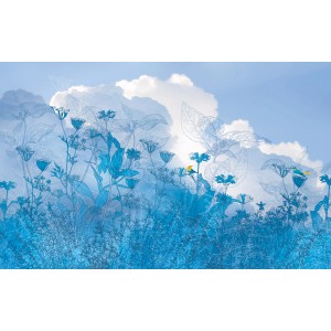 Komar Vlies Fototapete Blue Sky: Blauer Himmel mit Blumen und Vögeln, ideal für Kinderzimmer.