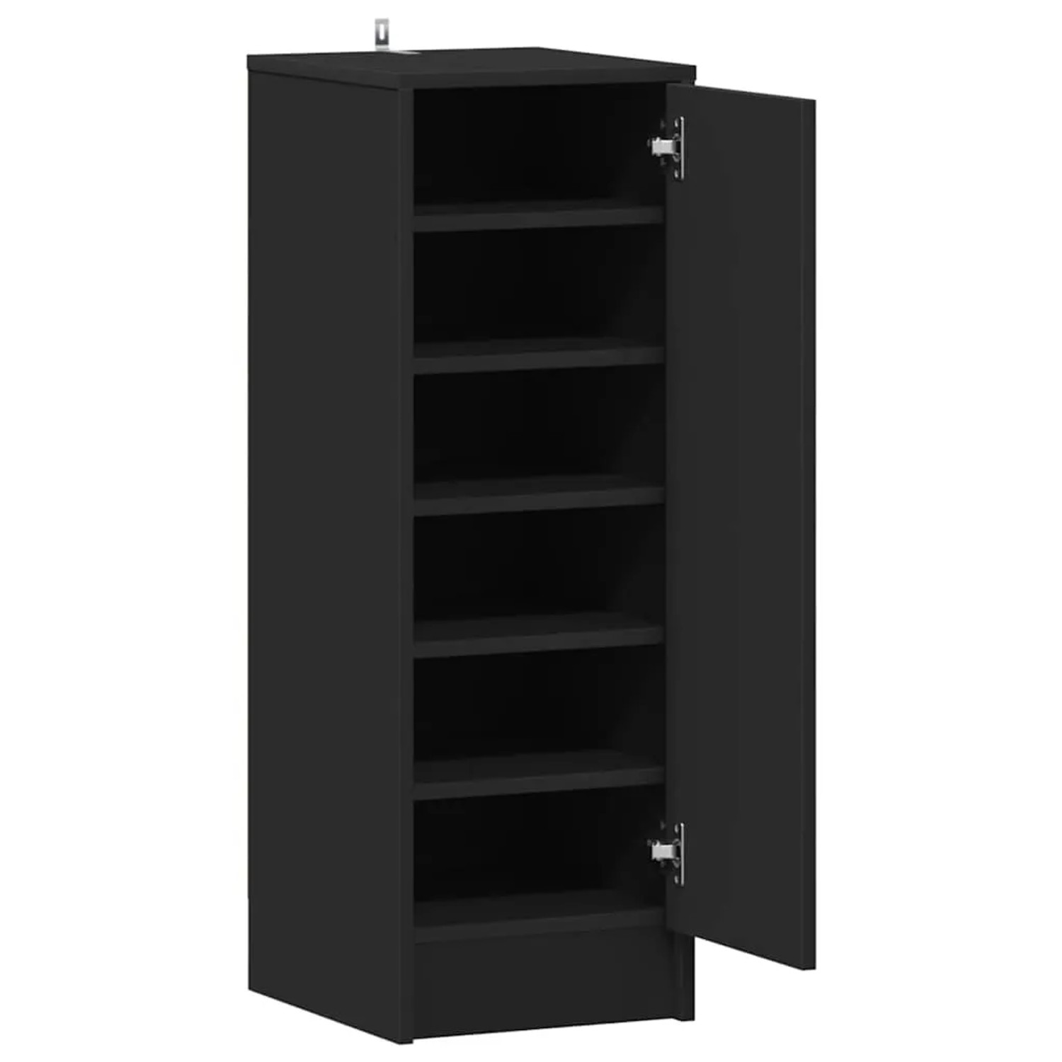 Schwarze Schuhkommode aus Holzwerkstoff mit offener Tür, 6 Fächern. Praktischer Schuhschrank für Ordnung.