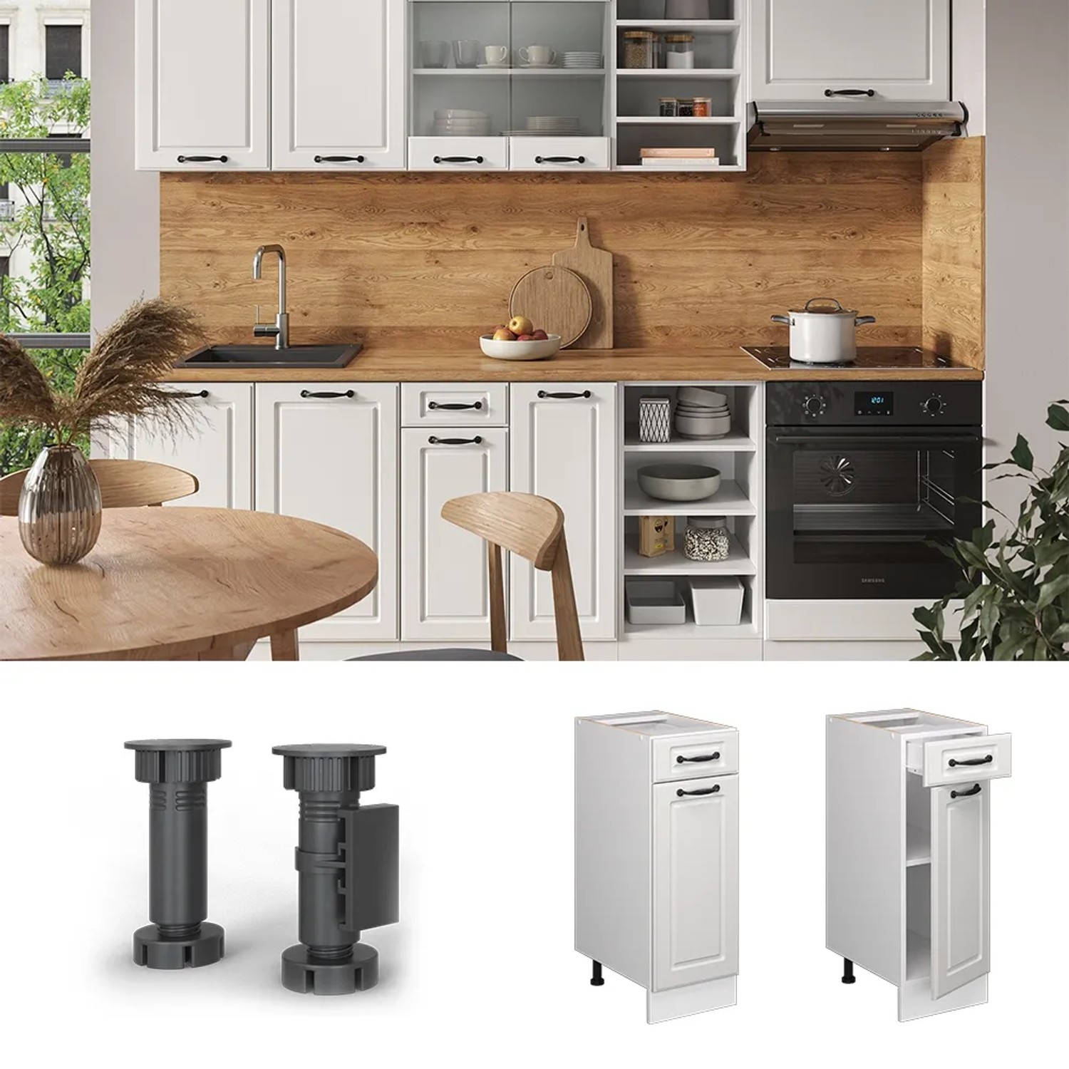 Vicco Schubladenunterschrank R-Line, Küchenschrank in Weiß Landhaus mit Marmor Arbeitsplatte, 30 cm breit.