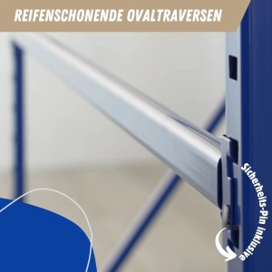 Detailaufnahme Reifenregal High Maximus: Ovaltraverse und Sicherheits-Pin für sichere Reifenlagerung.
