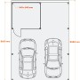 Grundrisszeichnung: Holzbrüder Doppelcarport Ralf mit kleinem Geräteraum, oxidrot, Maße und zwei Autos.