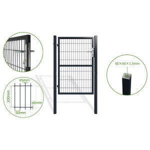 Casanoov Gartentor aus Metall, 140 cm hoch, grau, mit Schloss und Details zu Maschenweite und Pfosten.