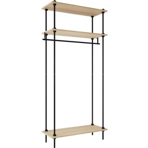 AR Shelving Garderobe AR Deco, 185 cm hoch, mit 3 Regalböden in Nebraska Eiche und schwarzem Stahlrohr.