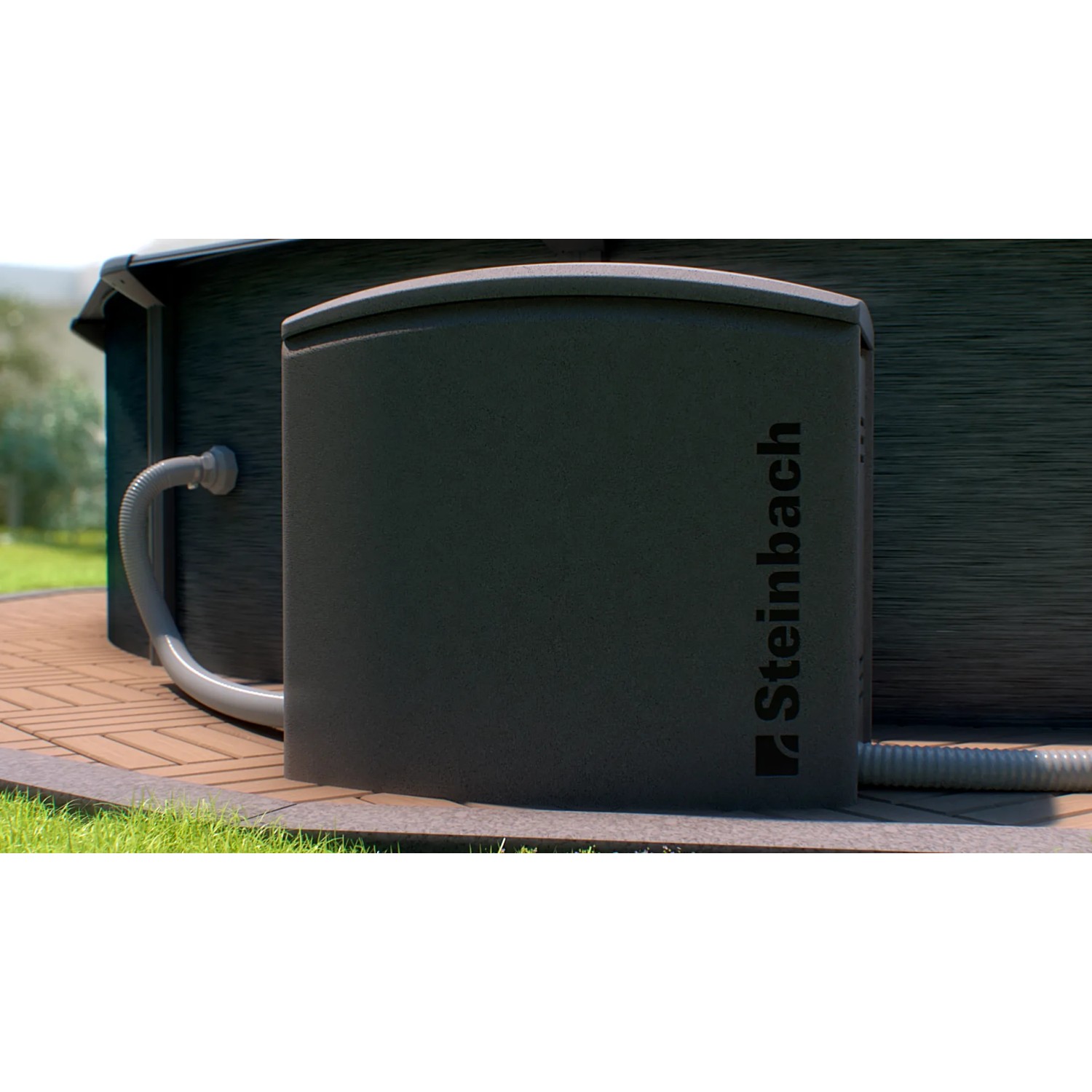 Steinbach Pool Technikbox neben Pool, graue Box zum Schutz der Pooltechnik im Garten.
