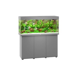 Graues Juwel LED Aquarium Rio 240 mit Unterschrank, bepflanzt und mit Fischen.
