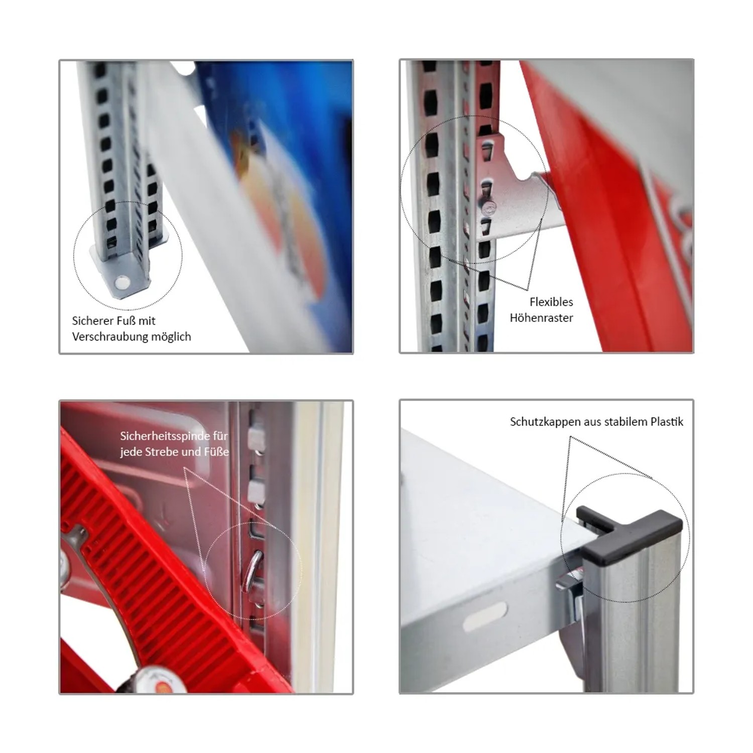 Details des PROREGAL Getränkekisten- & Reifenregals: Fuß, Höhenraster, Sicherheitsspinde und Schutzkappen.
