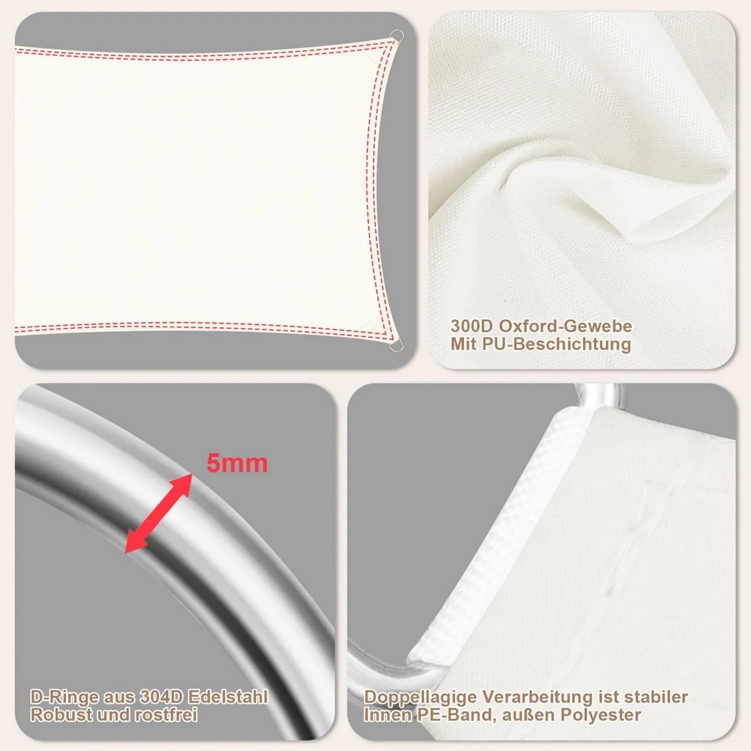 Detailansicht WOLTU Sonnensegel Creme 2x3m: Material, D-Ring und Verarbeitung.