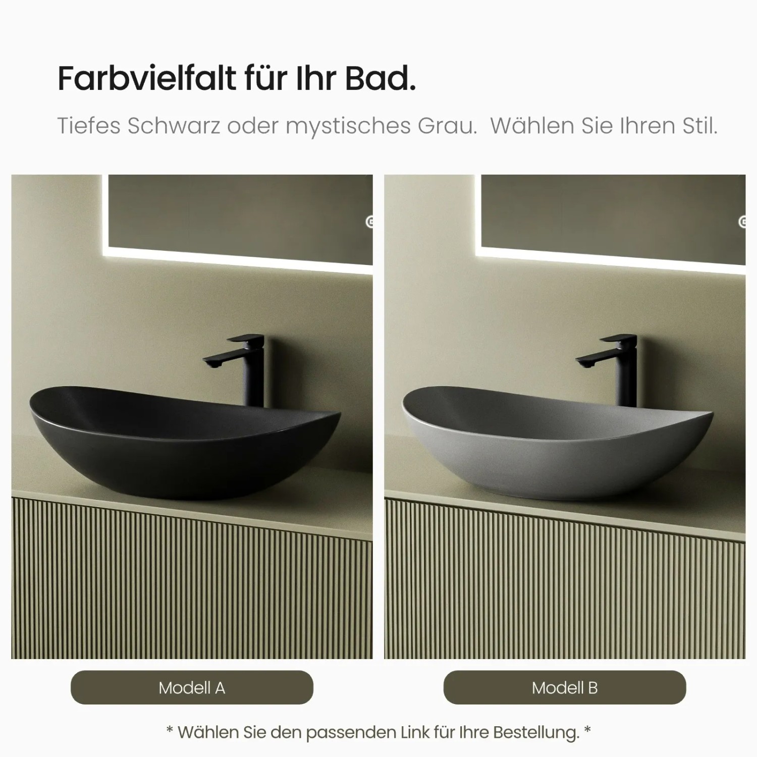 Emke Aufsatzwaschbecken, ovale Form, in Mattschwarz und Mattgrau für Badezimmer.