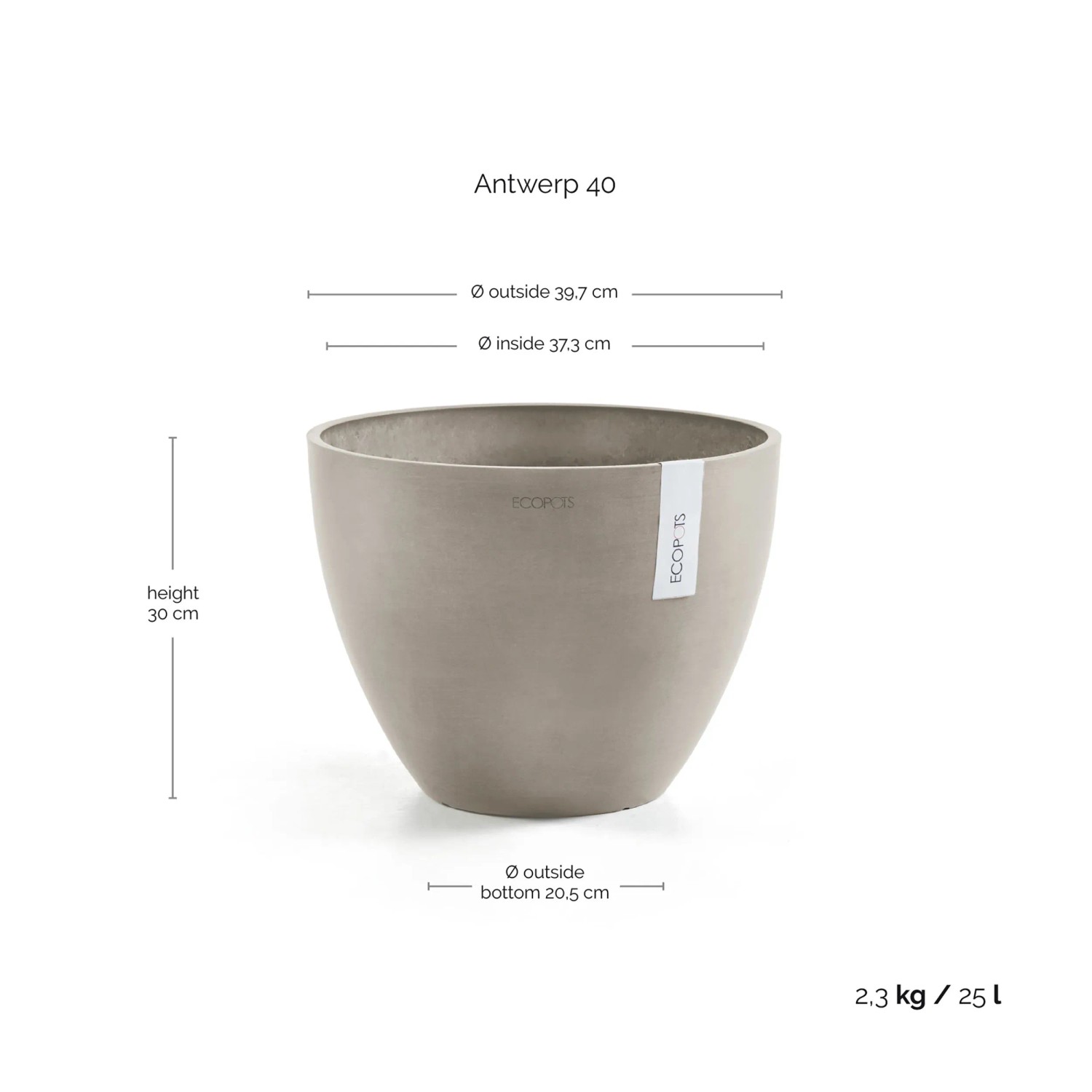 Braungrauer Ecopots Pflanztopf Antwerp, 40 cm, ideal für Innen- und Außenbereiche.