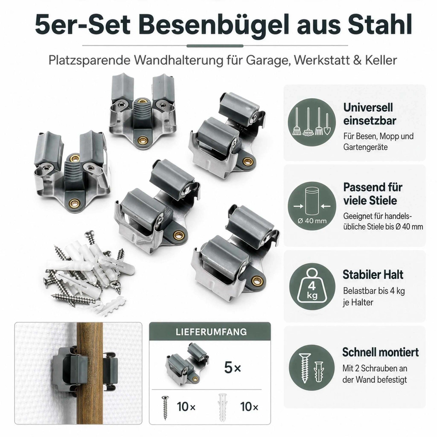 5er Set Wiltec Gerätehalter aus Stahl, Wandhalterung für Besen, Mopp & Gartengeräte. Inkl. Schrauben für einfache Montage.