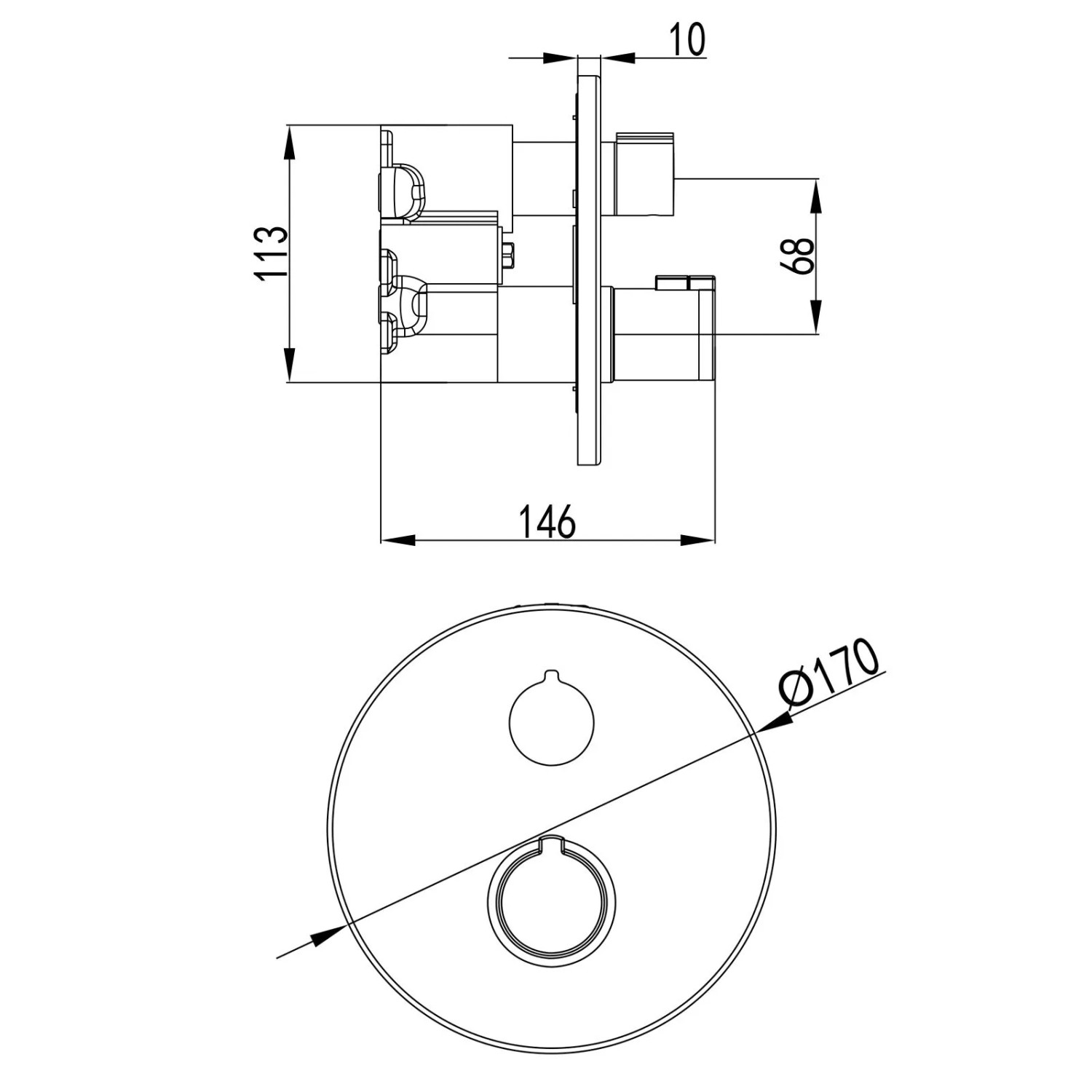 Maßzeichnung PaulGurkes Unterputz Grundkörper für Duschsystem. Zeigt Einbau und runde Abdeckung, Ø170 mm.