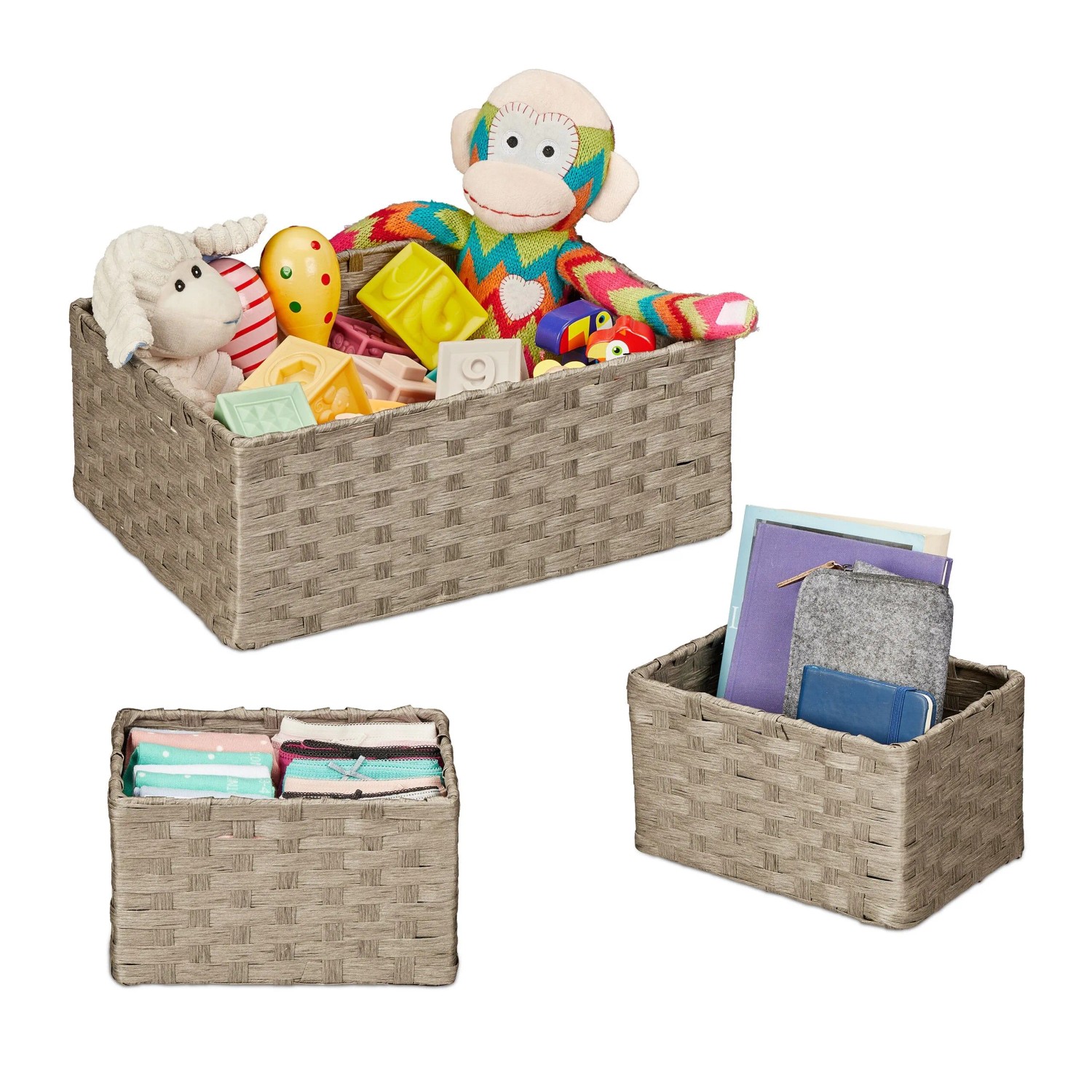 Relaxdays Aufbewahrungskorb 3er Set Papierseil Eisen Grau Stapelbar 14 cm x 35 cm x 24,5 cm 360 g