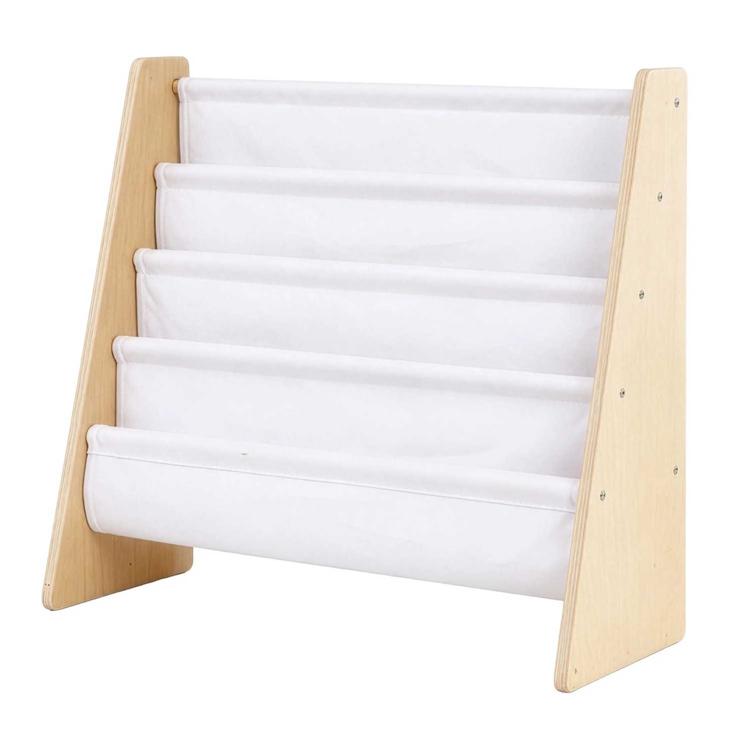 Relaxdays Kinderbücherregal Holz Polyester Natur Weiß Montessori-inspiriert mit 4 Stofftaschen 60 cm x 63 cm x 39 cm