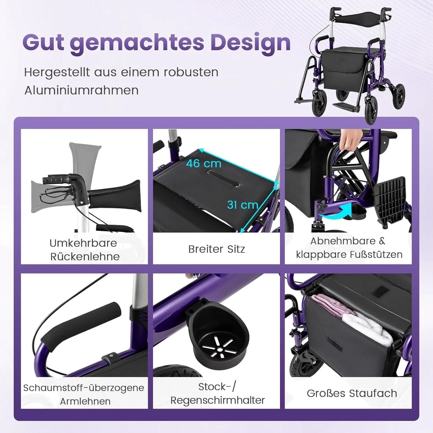 Costway Rollator mit Luftbereifung 2-In-1 Rollstuhl Bis 140 kg Lila_5