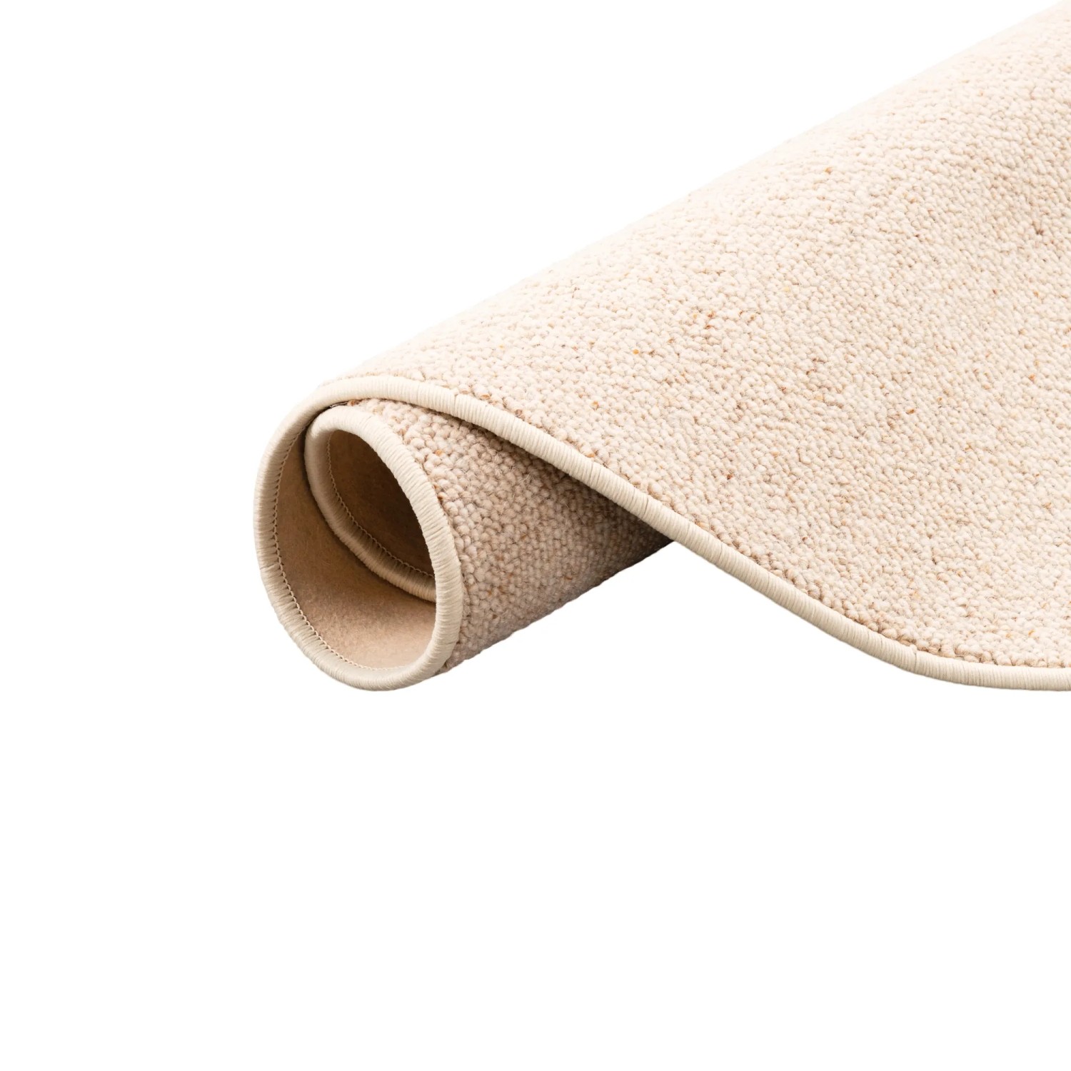 Gerollter, beiger Snapstyle Natur Teppich aus Wolle (Berber) mit runder Form.
