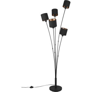 Schwarze Design-Stehlampe Tommy mit 5 Stoffschirmen in Schwarz-Gold für Wohnzimmer und Schlafzimmer.