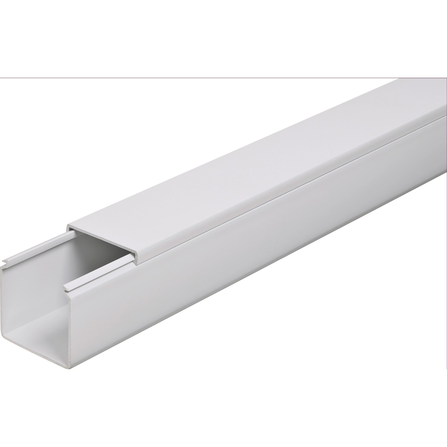 Grauer Kabelkanal, 40x40 mm, 2 m Länge. Zur Verlegung von Kabeln im Innen- und Außenbereich.