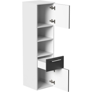 Posseik Bad-Hochschrank VIVA, weiß matt, mit offener Tür und Schublade. Badmöbel für mehr Stauraum.