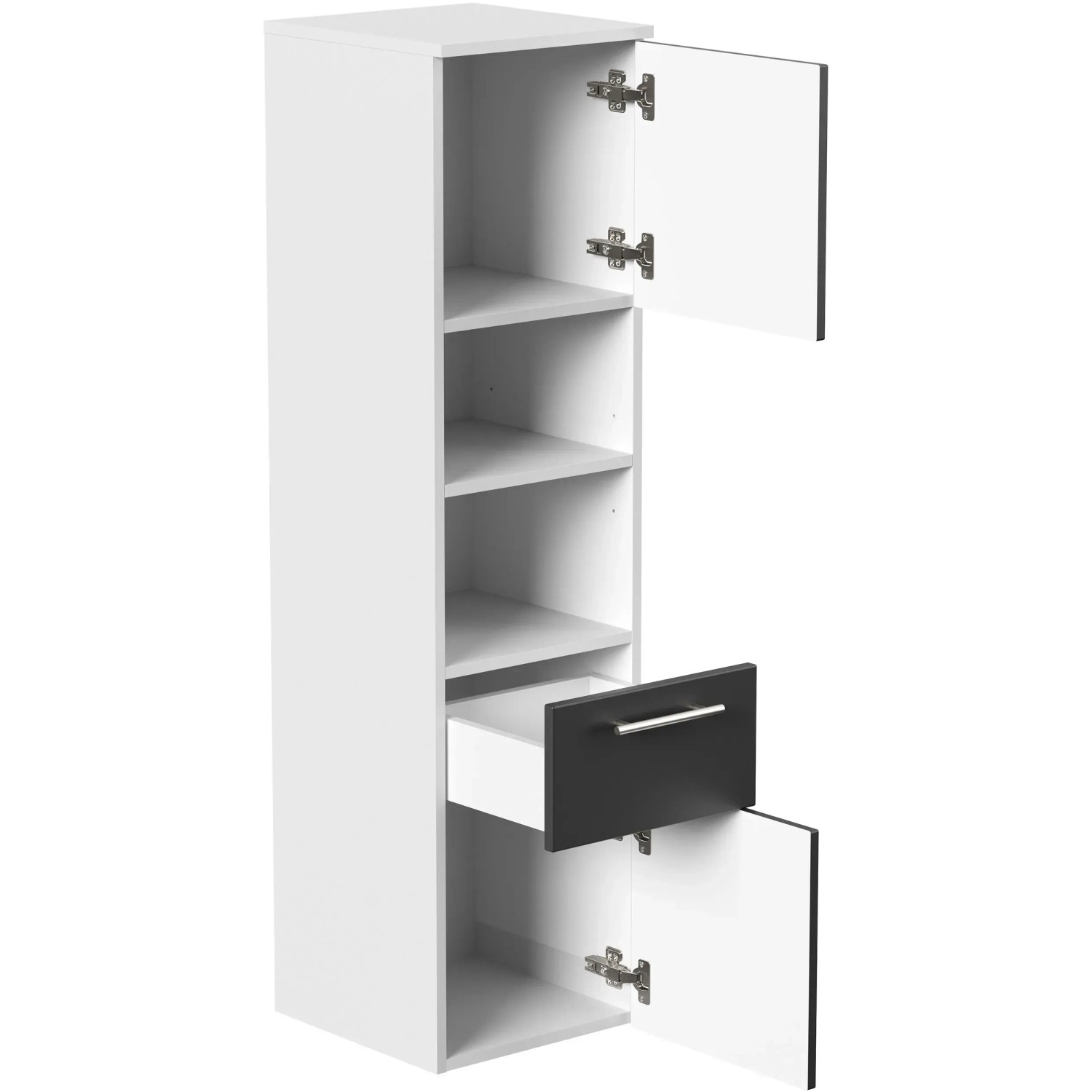 Posseik Bad-Hochschrank VIVA, weiß matt, mit offener Tür und Schublade. Badmöbel für mehr Stauraum.