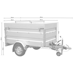 Stema Anhänger Basic 850 mit Bordwandaufsatz und Deckel, Seitenansicht mit Maßangaben.