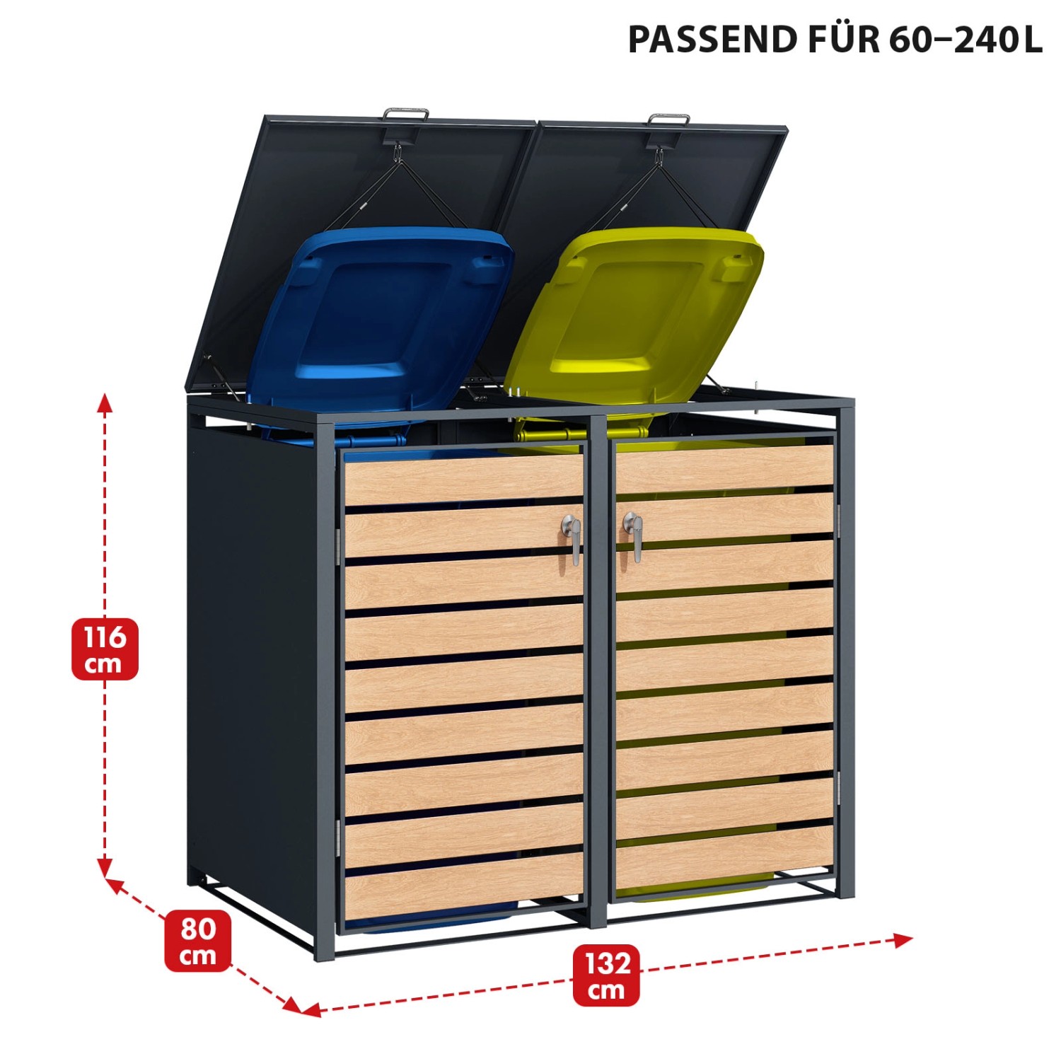 KARAT Mülltonnenbox Johan für 2 Tonnen (60-240L) mit Edelstahlrahmen und Holzdekor.