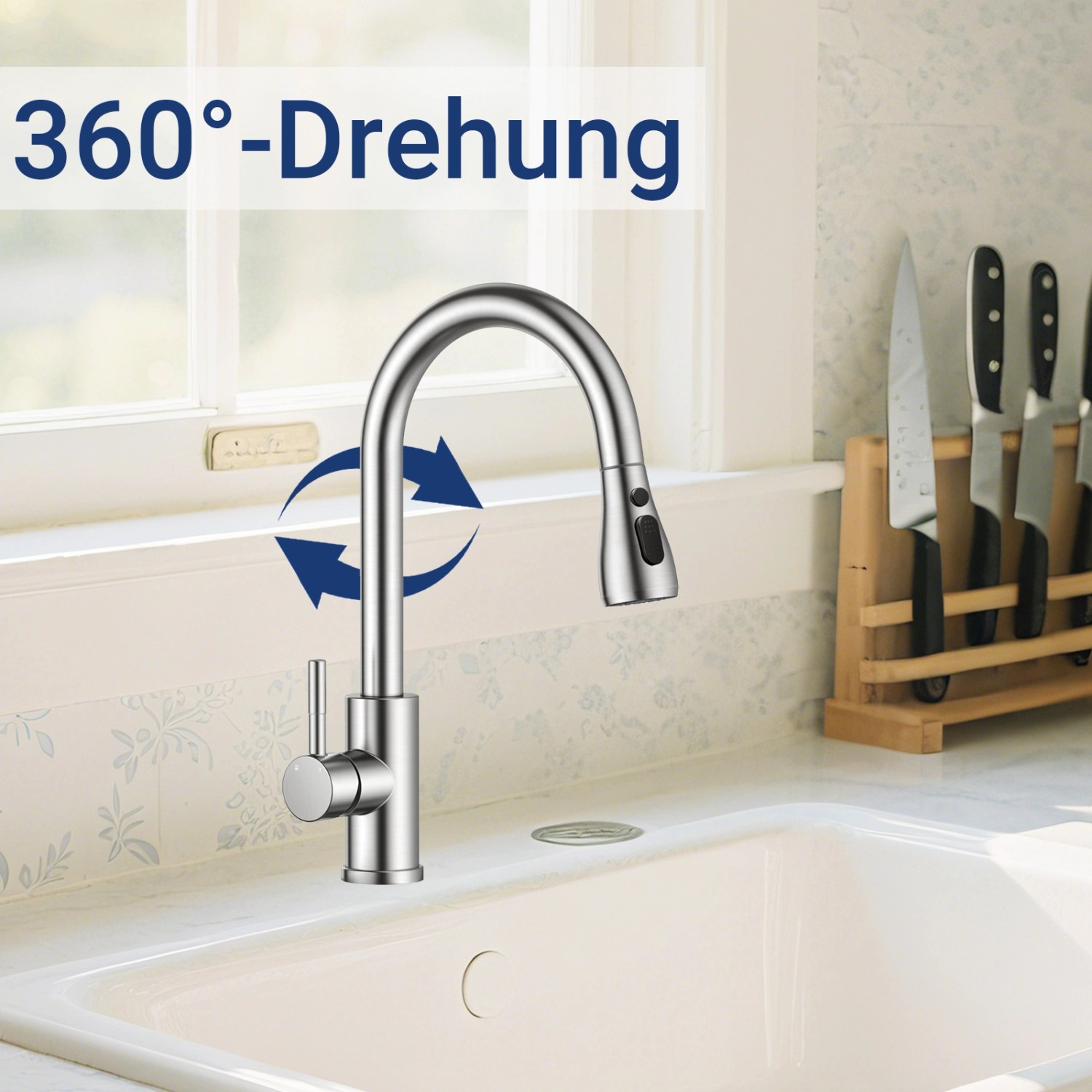 AICA Wasserhahn Silber Zwei Wasserauslassmodi Küche Mischbatterie Ausziehbar 360° Drehbar Einhand-Spültischarmatur Bad Küchenarmatur_3