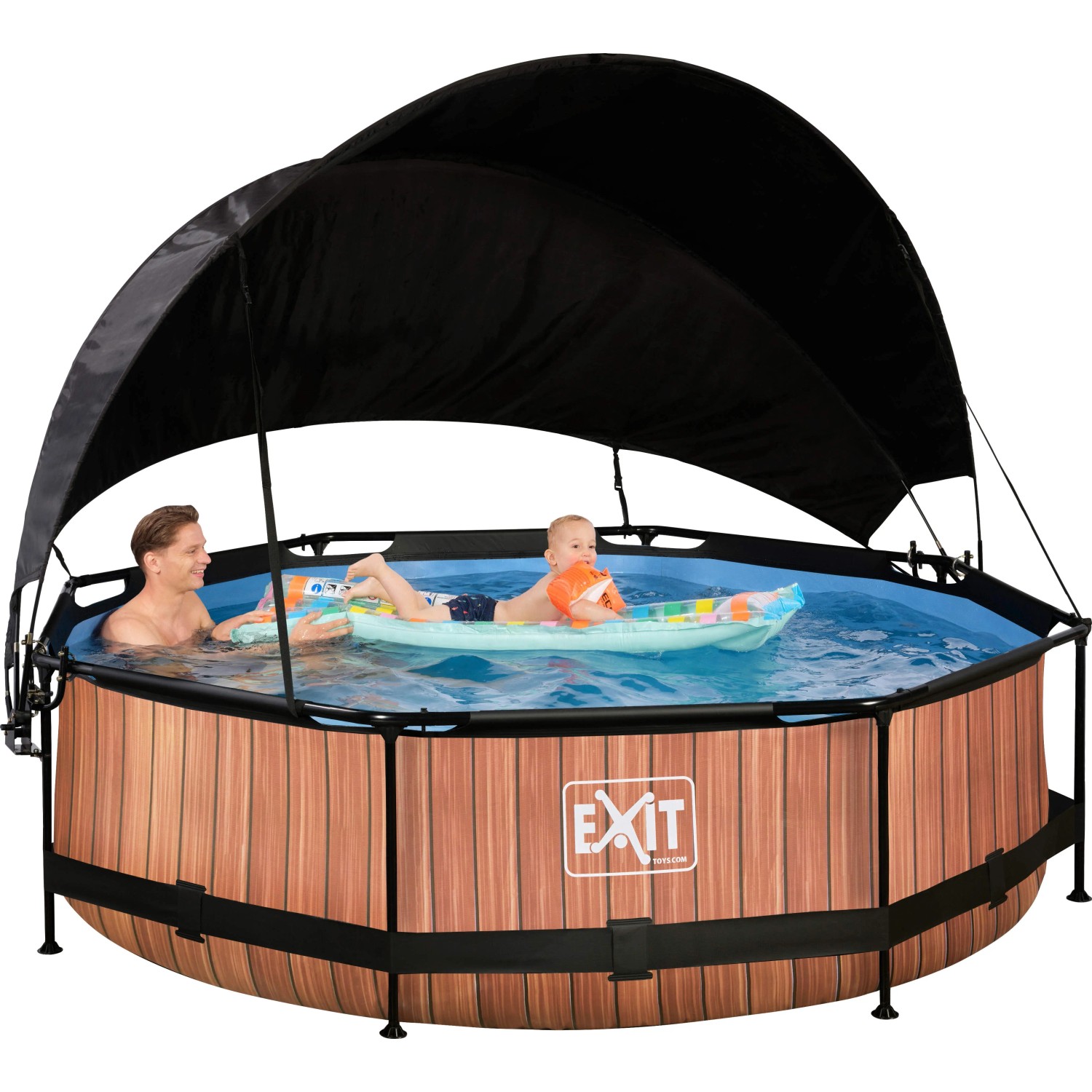 EXIT Wood Pool, Ø 300 cm, braun, mit Filterpumpe und Sonnensegel. Stahlrahmenpool mit Holzoptik.