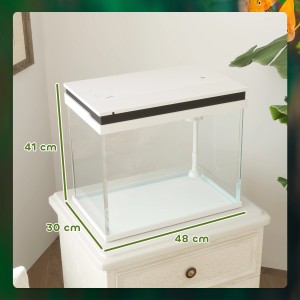 Weißes PawHut Aquarium Filtersystem aus Glas und ABS, 48x30x41 cm, auf einem weißen Tisch.