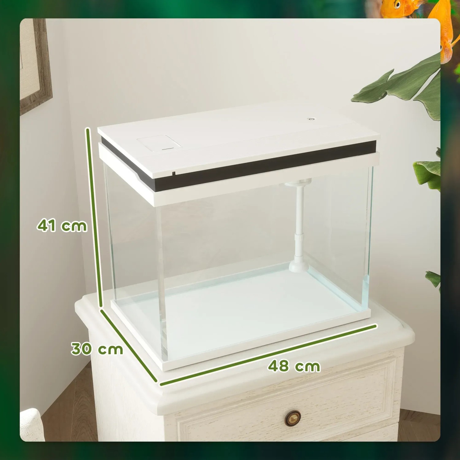 Weißes PawHut Aquarium Filtersystem aus Glas und ABS, 48x30x41 cm, auf einem weißen Tisch.