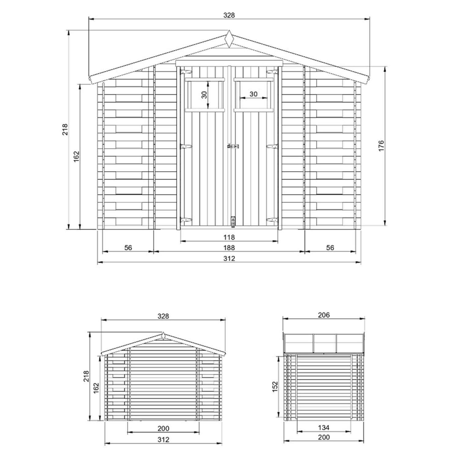 Technische Zeichnung: Timbela Gartenhaus Holz mit Brennholzregalen, Maße und Ansichten.