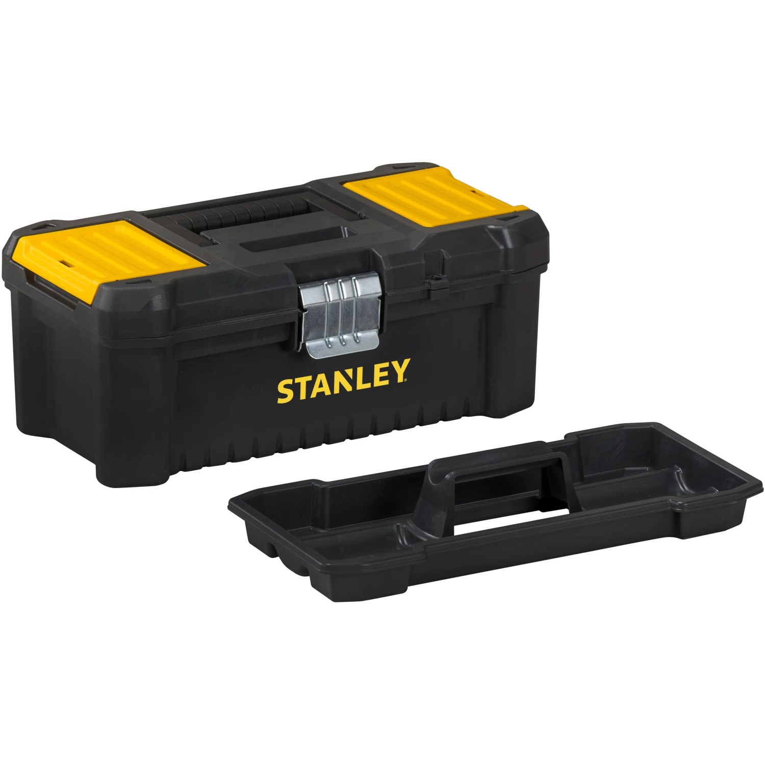 Stanley Werkzeugkoffer aus Kunststoff, 12,5 Zoll, mit herausnehmbarer Trage und Metallschließen.