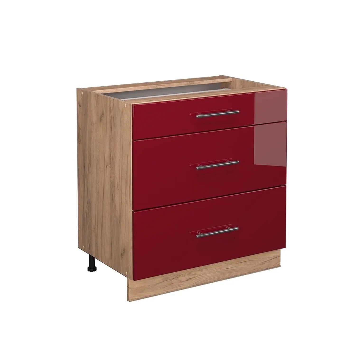 Vicco Küchenunterschrank Fame-Line Bordeaux Hochglanz Goldkraft Eiche 80 cm mit 3 Schubladen ohne Arbeitsplatte