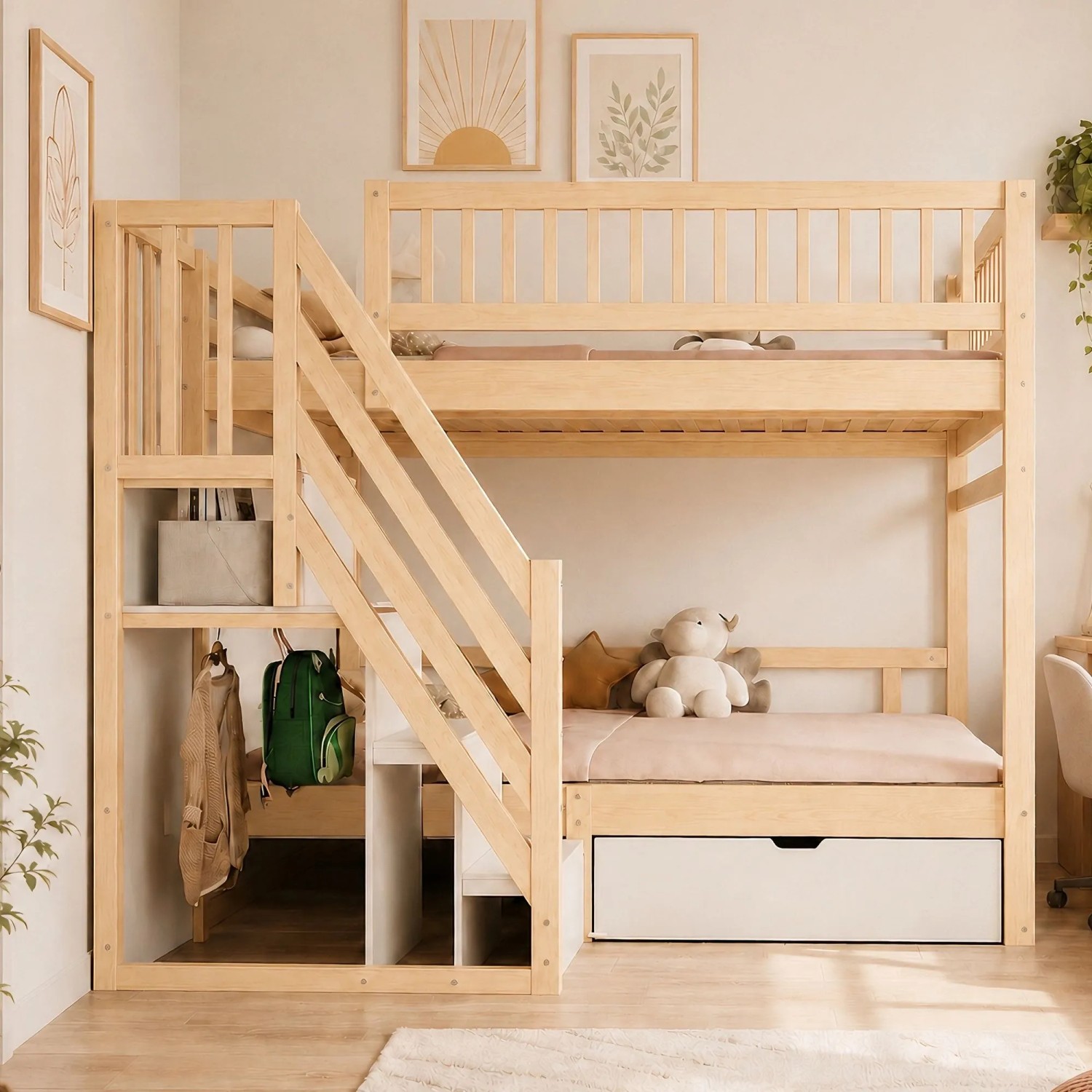 Massivholz Etagenbett 140x200 cm in Natur mit Stauraum-Leiter und Schublade. Ideal für Kinderzimmer.