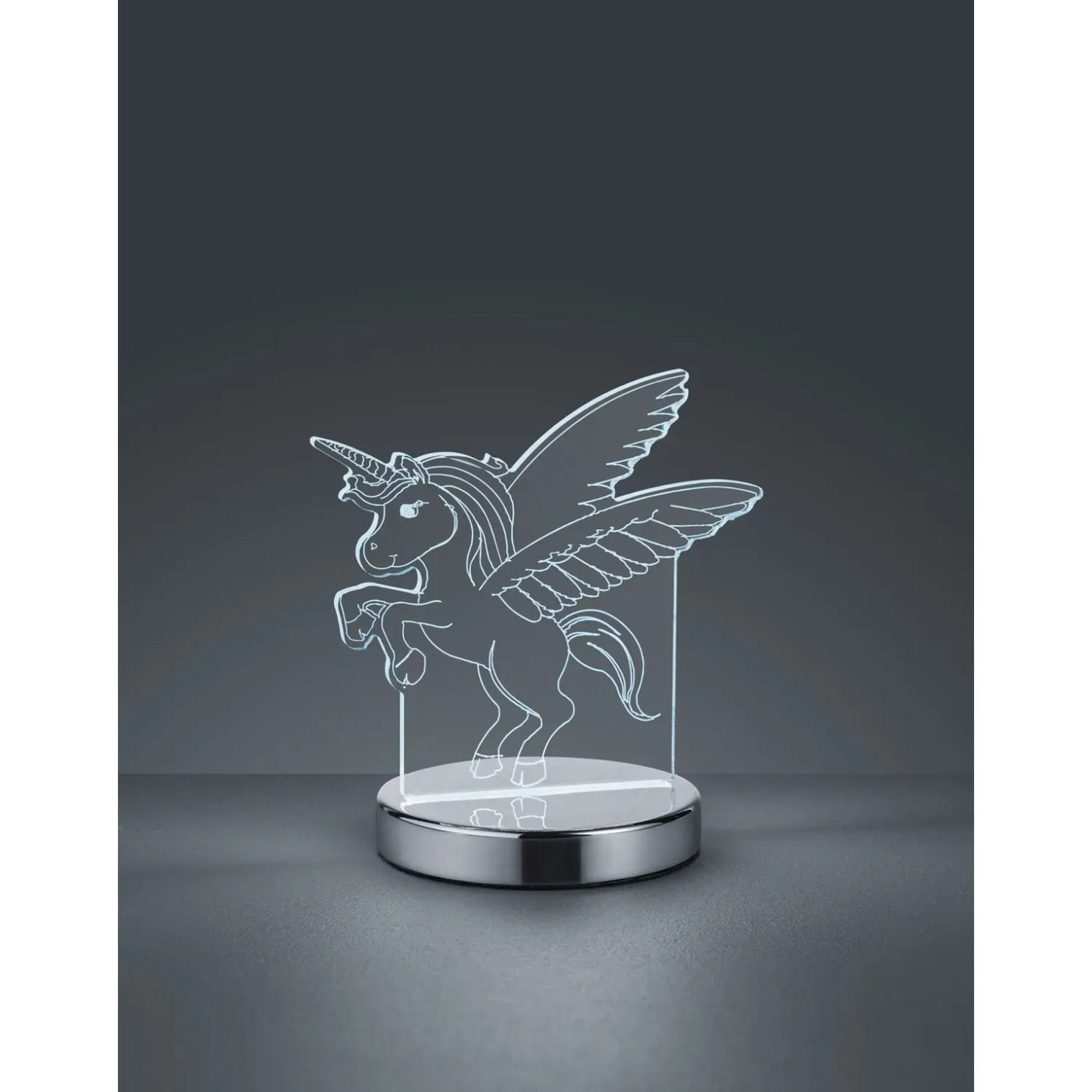 Chromfarbene LED Tischleuchte Karo mit Einhorn-Motiv, 17,5x17x12cm.