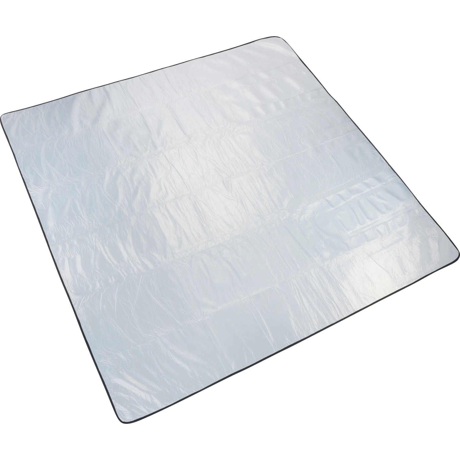 Silberne Picknickdecke 200x200 cm mit schwarzer Umrandung, ideal für Camping & Outdoor.