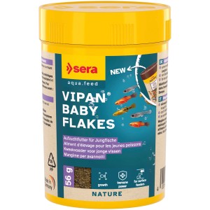 Sera Vipan Baby Nature Aufzuchtfutter im gelben Behälter, Mikroflocken für Jungfische.