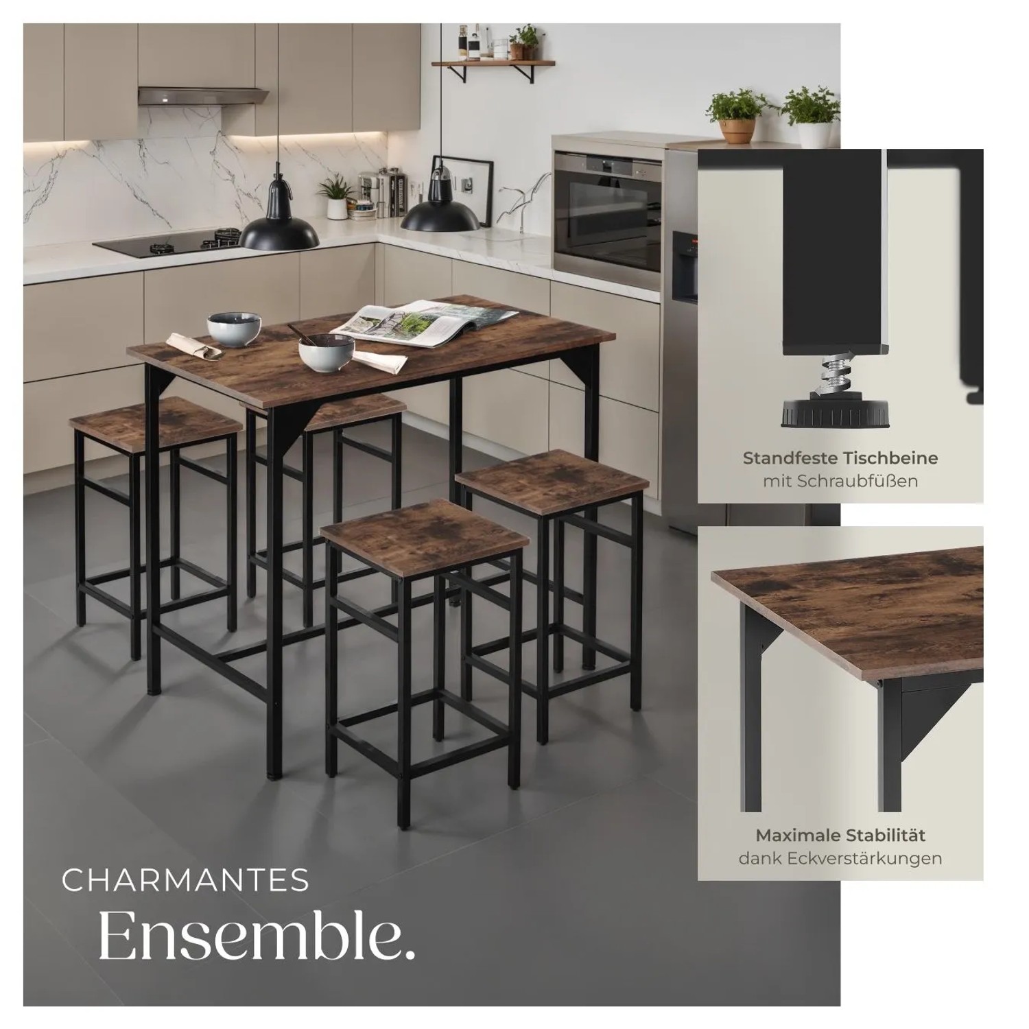 Tectake Bartisch-Set Edinburgh, 5-teilig, mit Tisch und 4 Hockern in dunklem, rustikalem Holz-Industrial-Design.