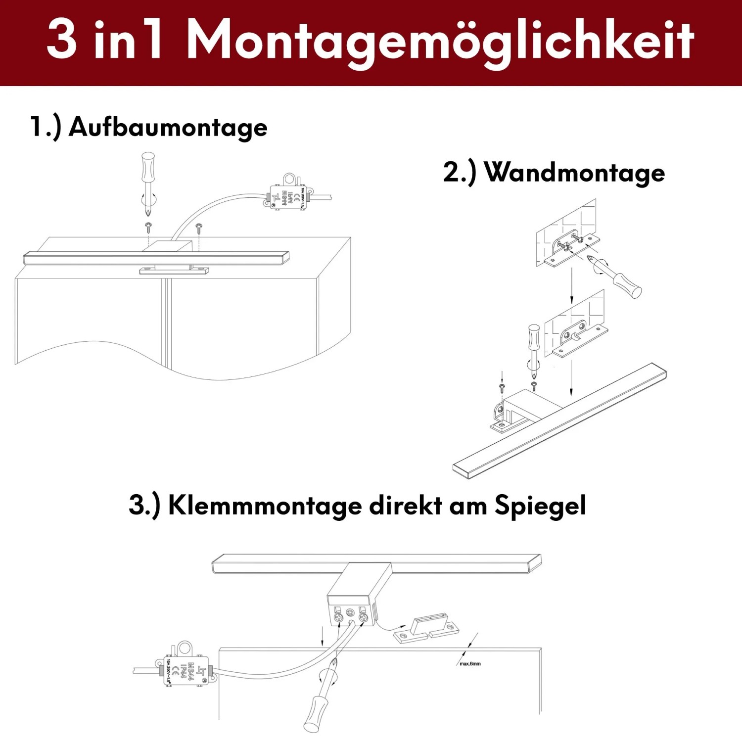 Montagearten der LED Badleuchte: Aufbau-, Wand- und Klemmmontage am Spiegel.