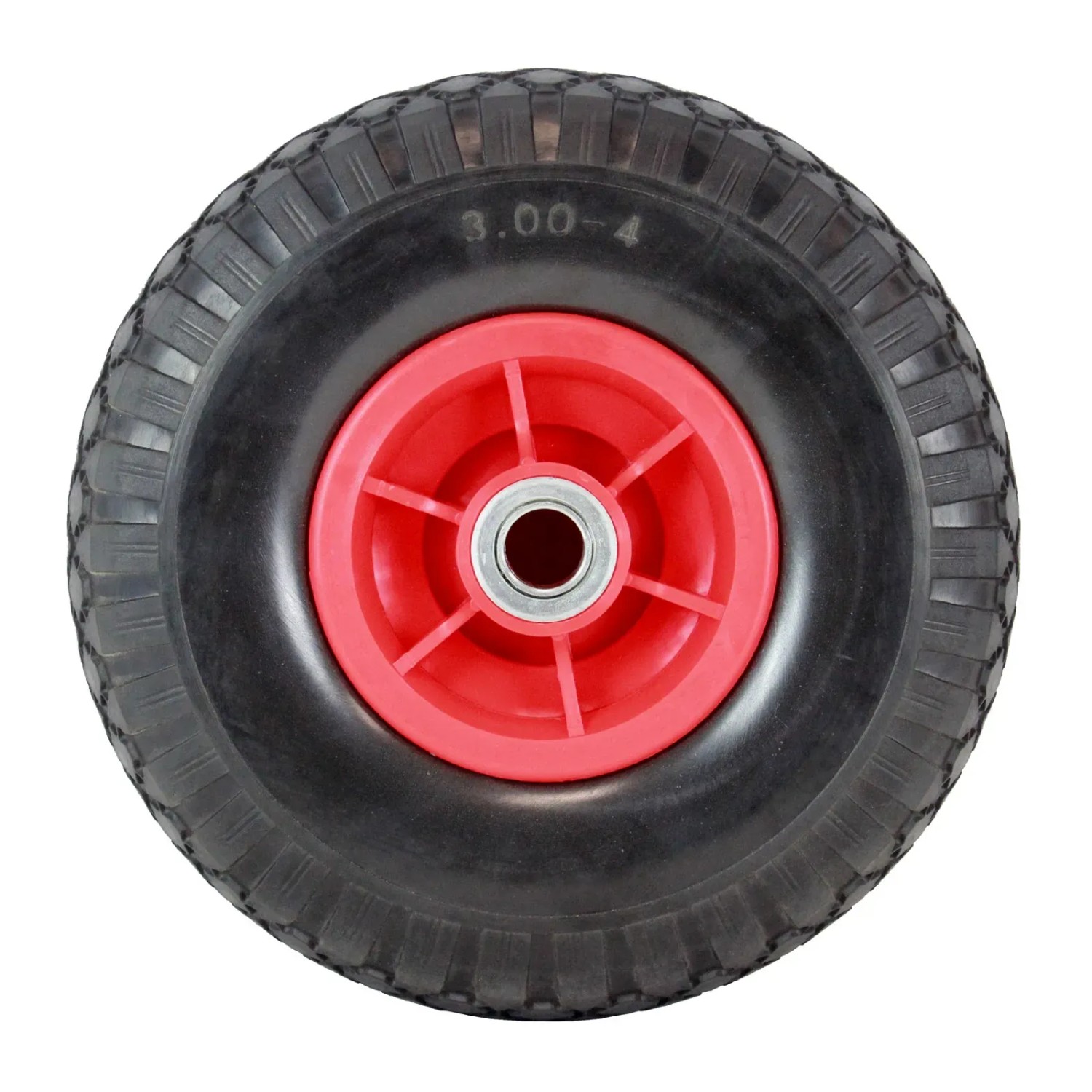 Pannensicheres TRUTZHOLM Sackkarrenrad, 260x85mm, mit roter Felge und versetzter Nabe.