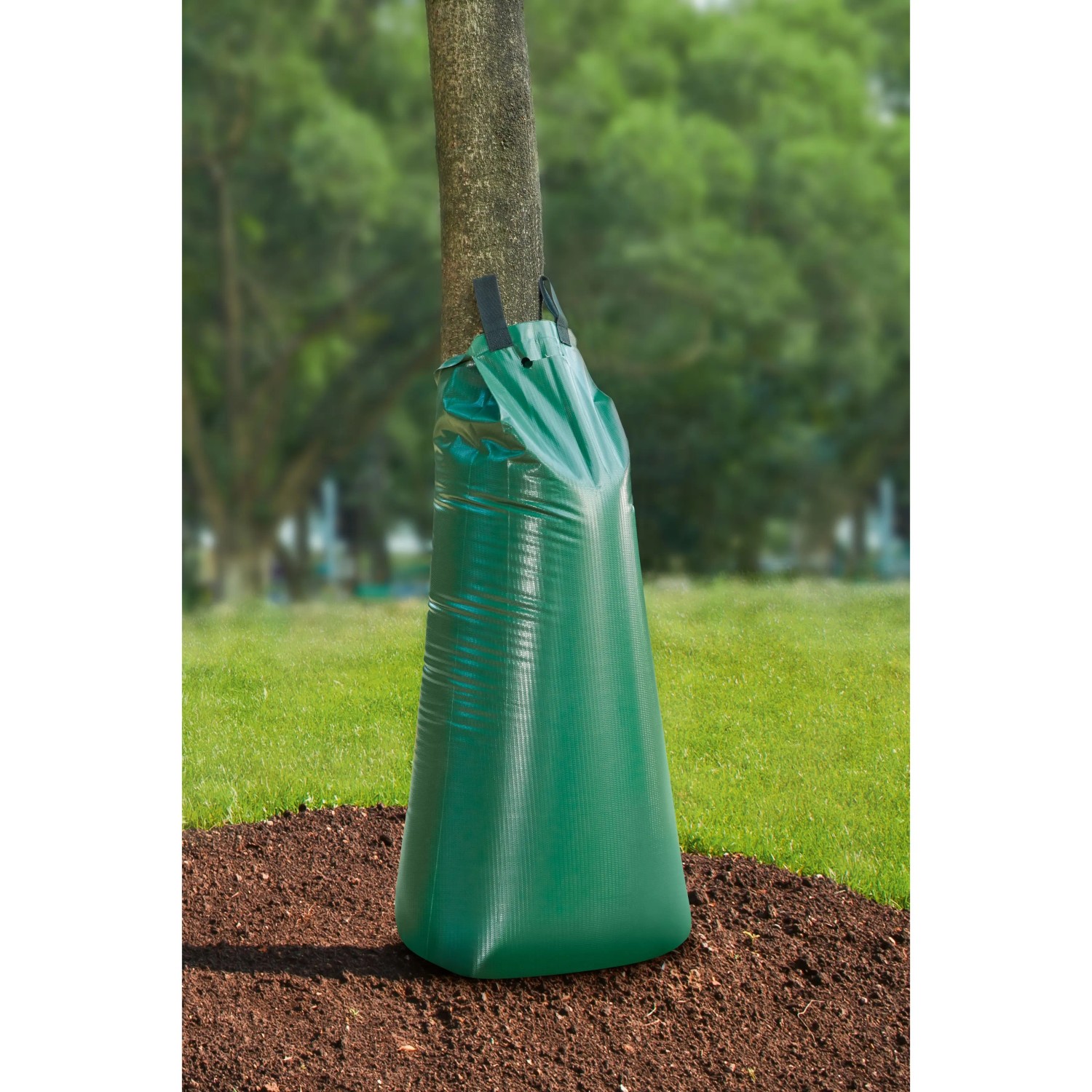 Grüner 100 l Tropfbewässerungssack am Baumstamm für Micro-Drip-Systeme.