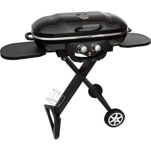 Schwarzer Jamestown 2-Brenner Gasgrill Myles mit Seitentischen und Thermometer.