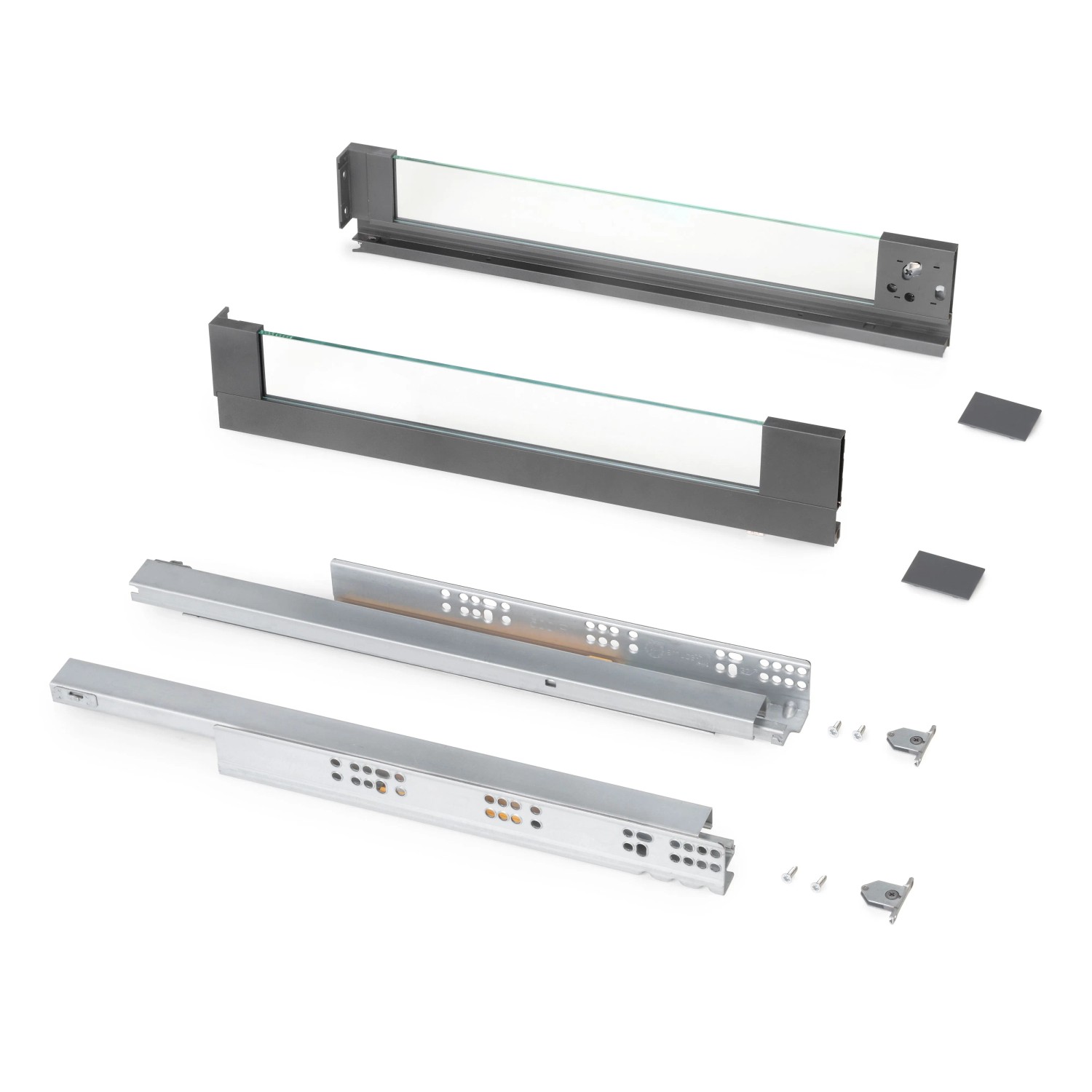 Emuca Außenschublade Vertex 40 kg mit Glas-Einschubelement Höhe 93 mm 450 mm Tief Stahl und Aluminium und Glas AnthrazitGrau
