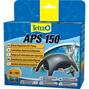 Tetra APS 150 Aquarienluftpumpe in Schwarz, Verpackung mit Produktabbildung.